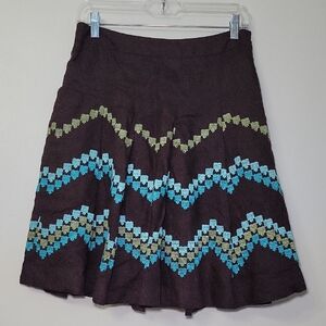 Ann Taylor Loft Skirt Linen Lined Brown Aztec Embroidered 4P